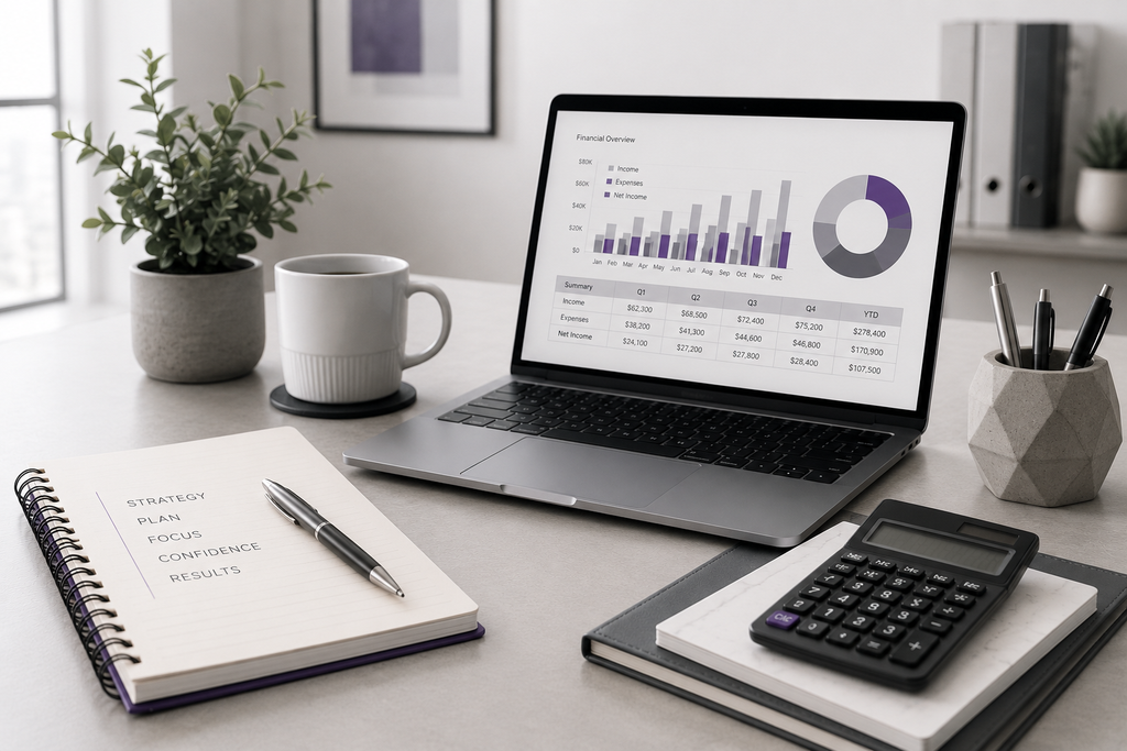 Modern Financial Planning Workspace Tax planning and financial analysis workspace with laptop and calculator