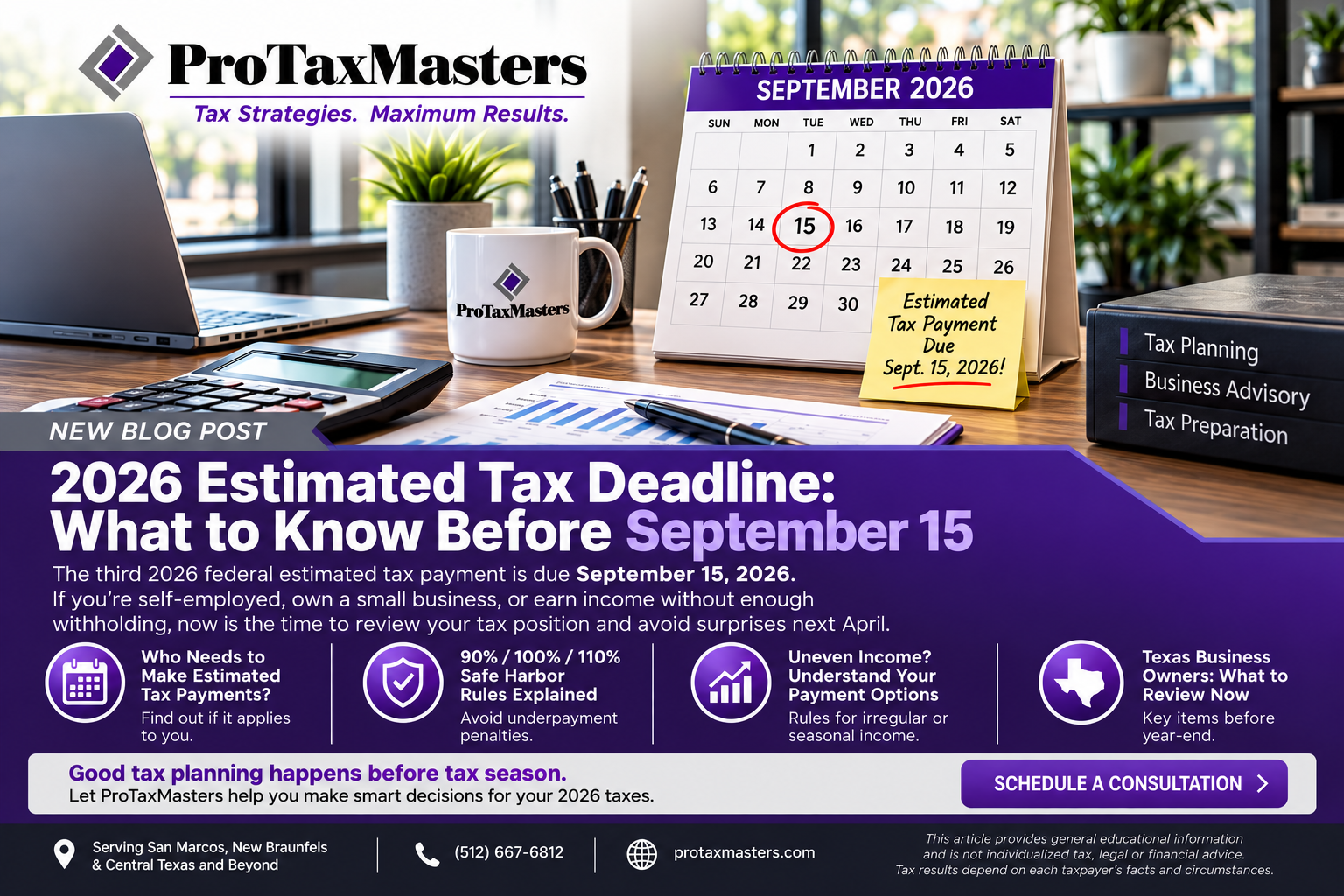 ProTaxMasters September 15 estimated tax deadline checkup graphic
