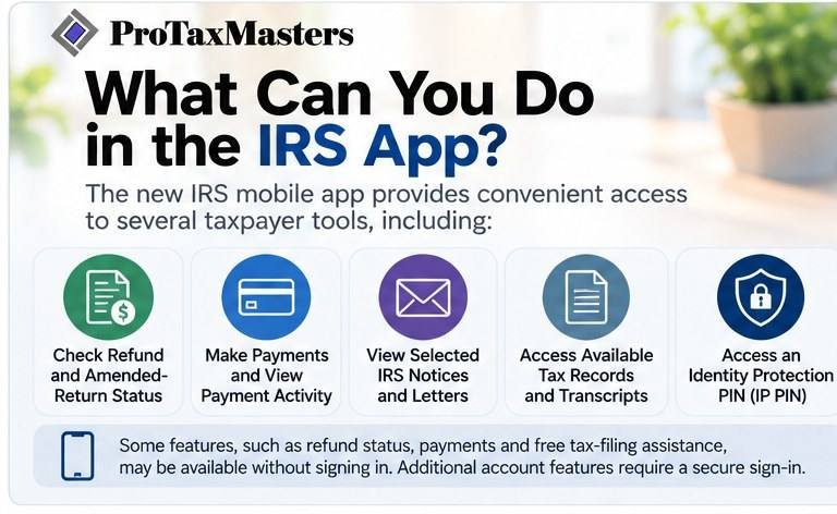 Overview of IRS mobile app features including refunds, payments, notices, transcripts and IP PIN access