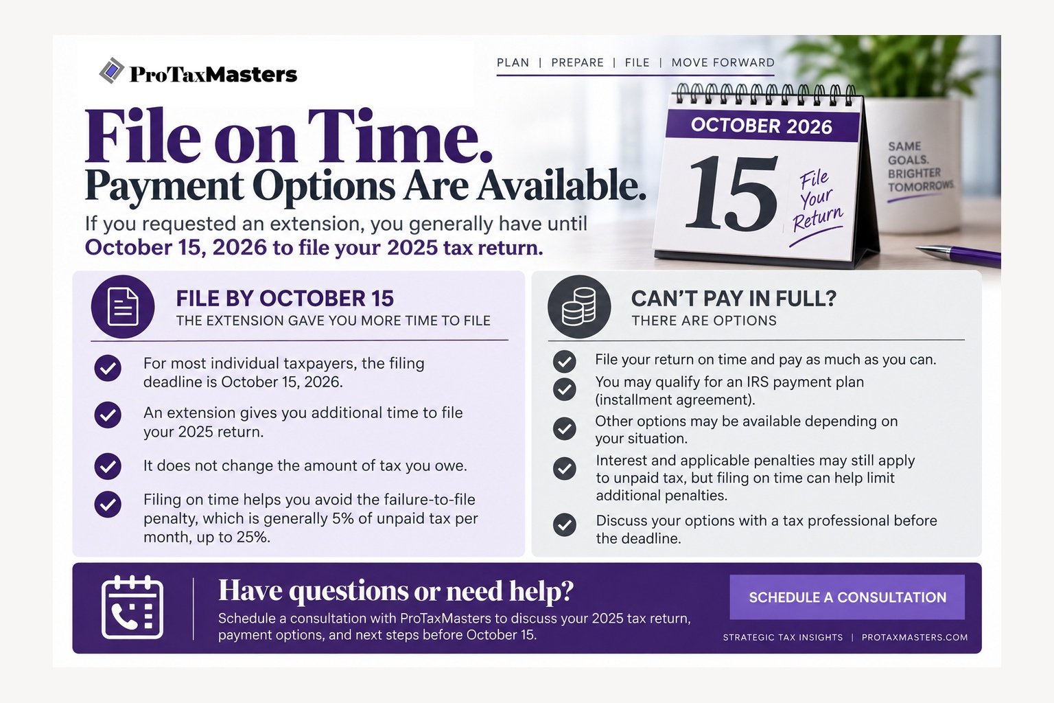 October 15 filing deadline and IRS payment options for taxpayers who cannot pay in full