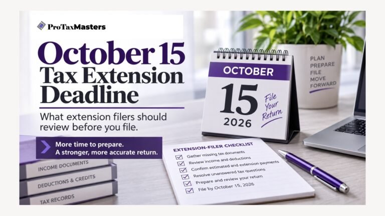 October 15, 2026 tax extension deadline and filing checklist from ProTaxMasters
